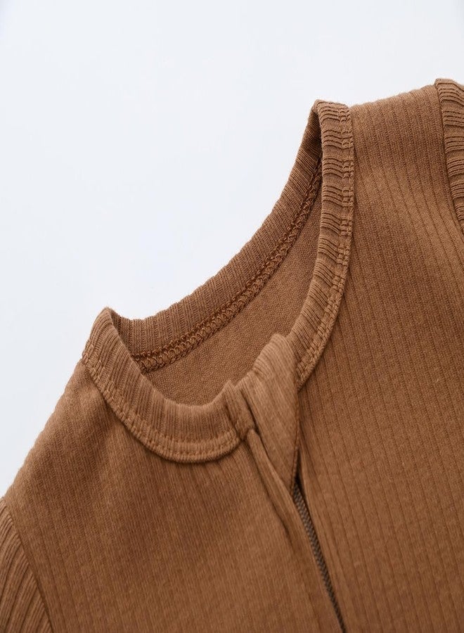 بيجامات أطفال للجنسين، بيجامات نوم للأطفال بسحاب ثنائي الاتجاه مع أساور على شكل قفازات - بيجامات قطنية بأكمام طويلة وسحاب للأطفال للنوم واللعب (لون قهوة، من 0 إلى 3 أشهر) - Image 2